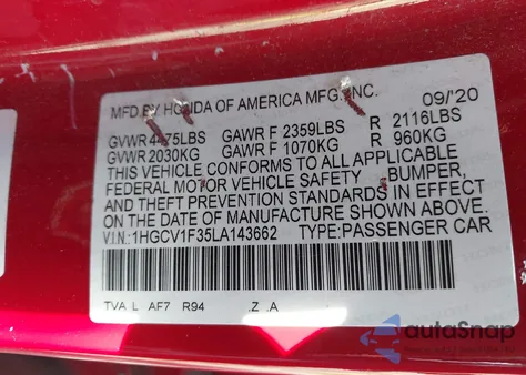 2020 Honda Accord Sport from USA, damaged, VIN 1HGCV1F35LA143662